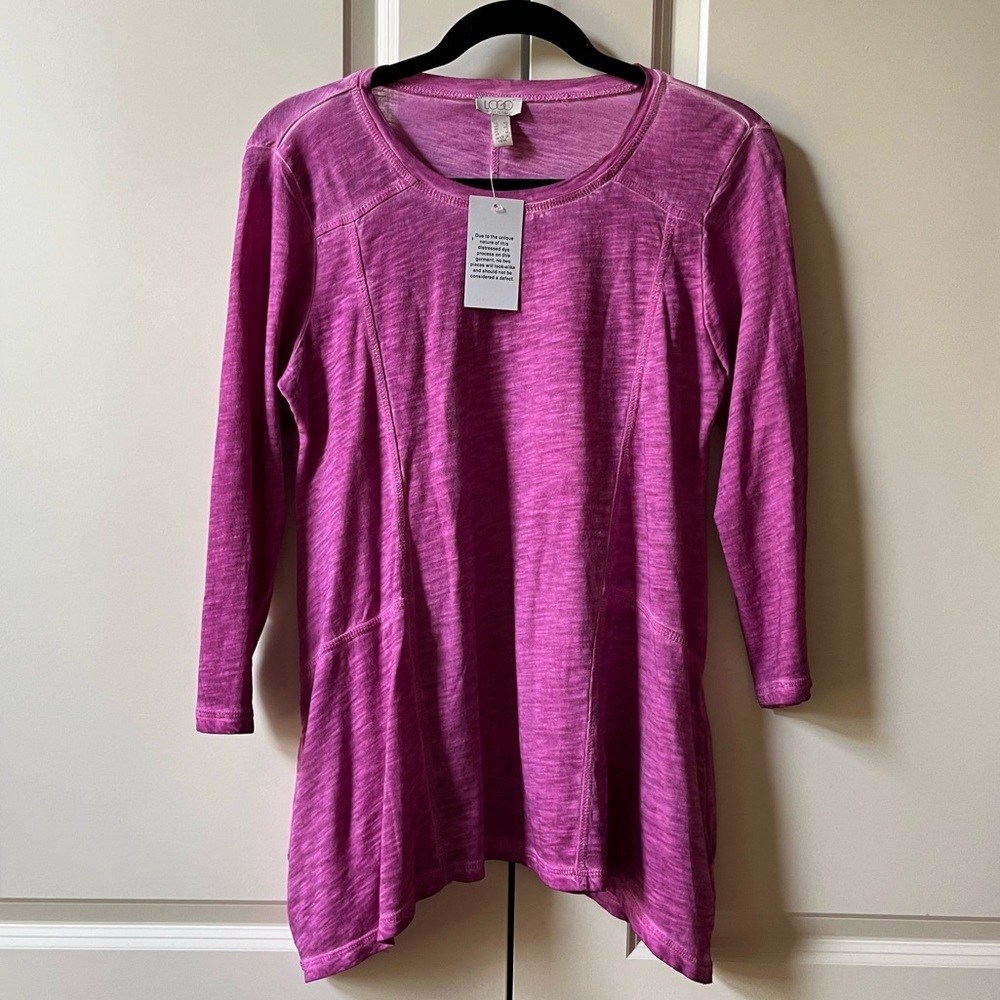 LOGO by Lori Goldstein Distressed Dye Long Sleeve Top Pink